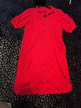 Ann Taylor Red Linen Blend Button-Down Midi Dress with Pockets